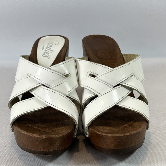 Vintage Candies Chunky Heel Wood Sandal Women's 9 White Leather Straps Studs Y2K - Picture 6 of 13